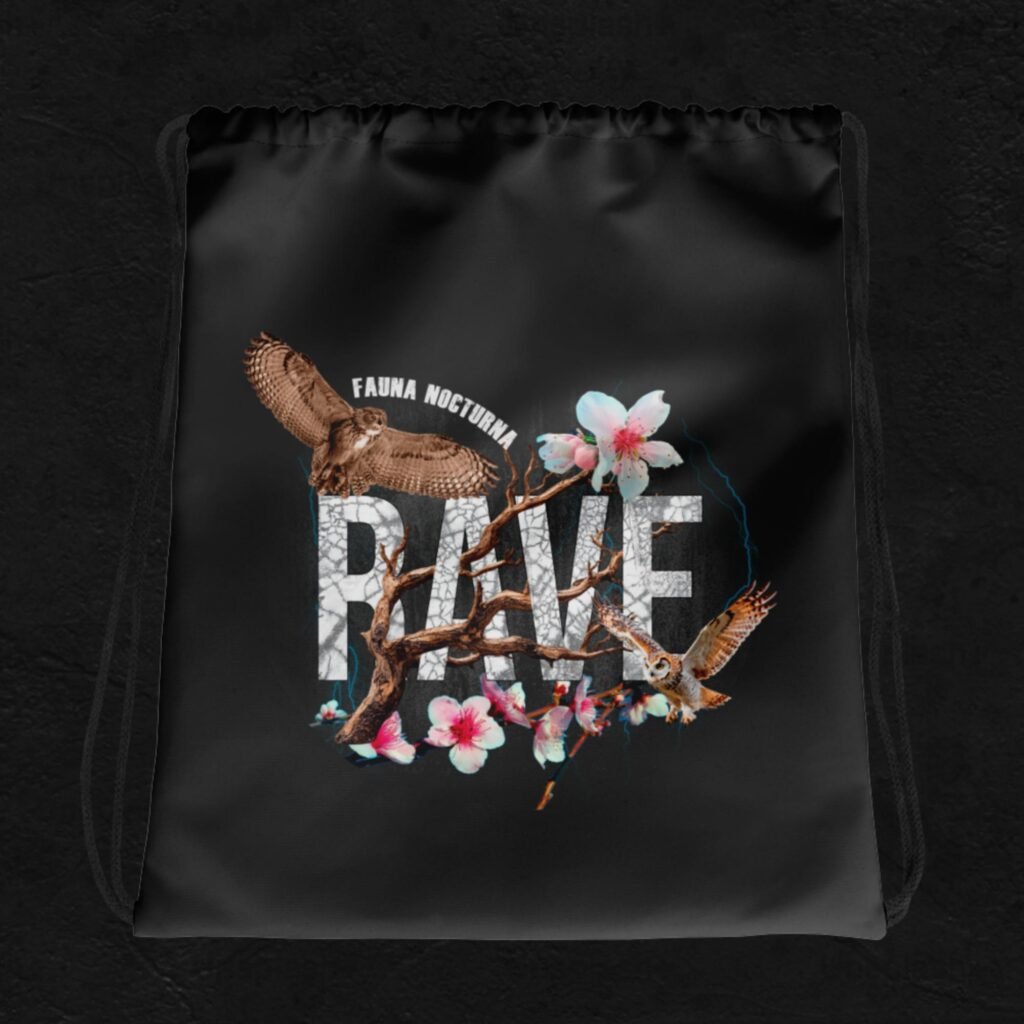 Mochila saco rave negra Fauna Nocturna con diseño gráfico para festivales
