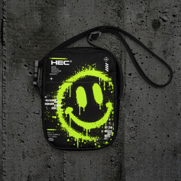 Bolso bandolera rave HEC Acid Smiley negro y verde