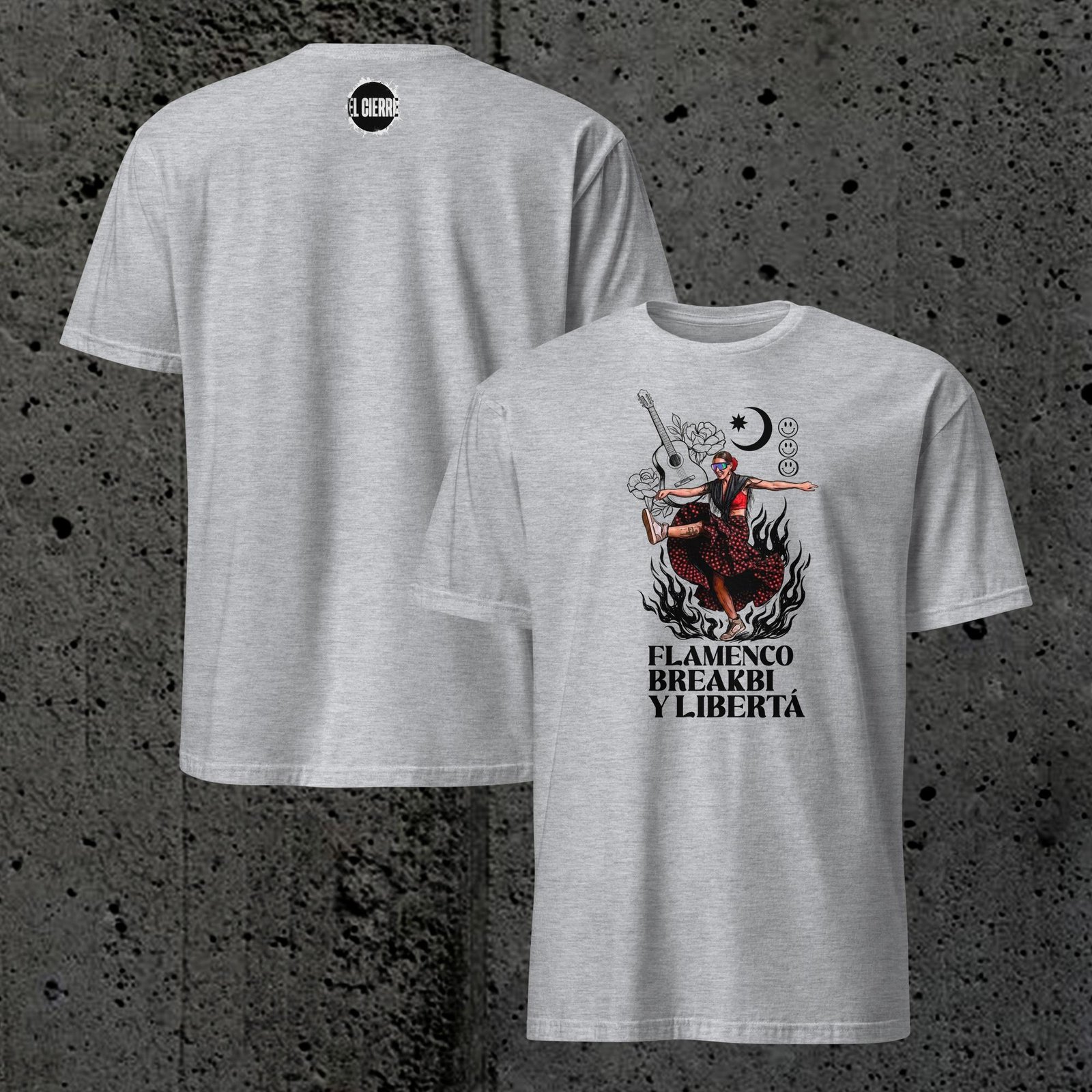 Camiseta breakbeat andaluza blanca con diseño rave Flamenco Breakbi y Libertá