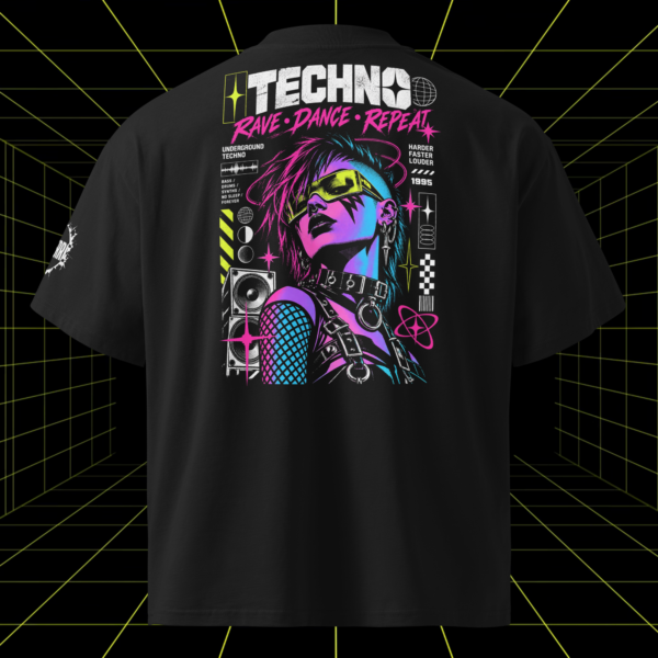 Camiseta techno rave oversize Dance Repeat con diseño neón cyberpunk trasero